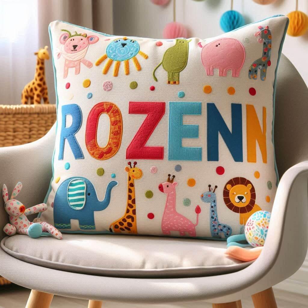 Le prenom rozenn sur un coussin denfant avec des motifs animaux pose sur une chaise 1 1