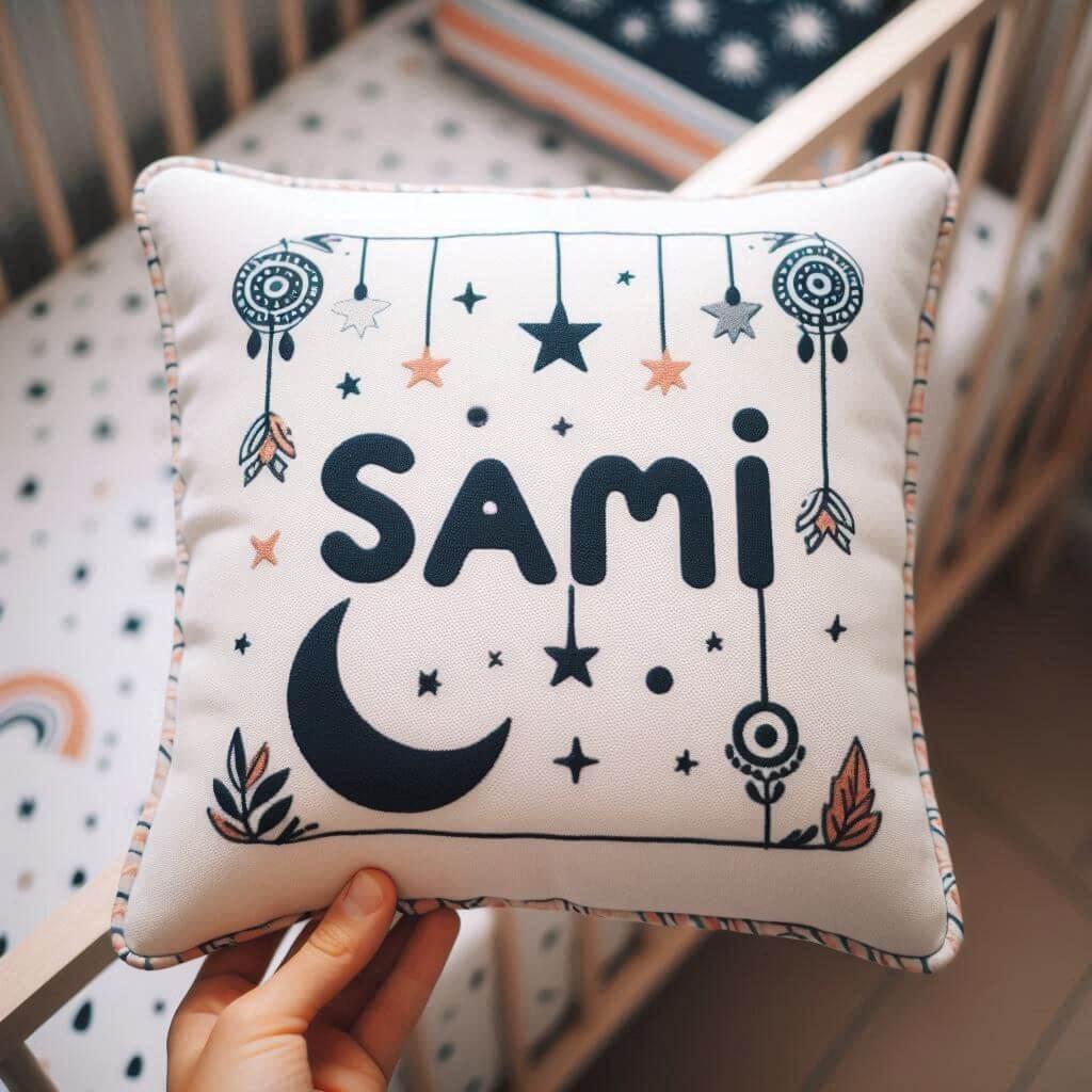 Le prenom sami sur un coussin denfant avec des motifs etoiles pose sur un lit