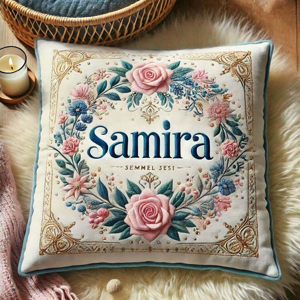 Le prenom samira ecrit joliment sur un coussin bleu clair et rose poudre et or