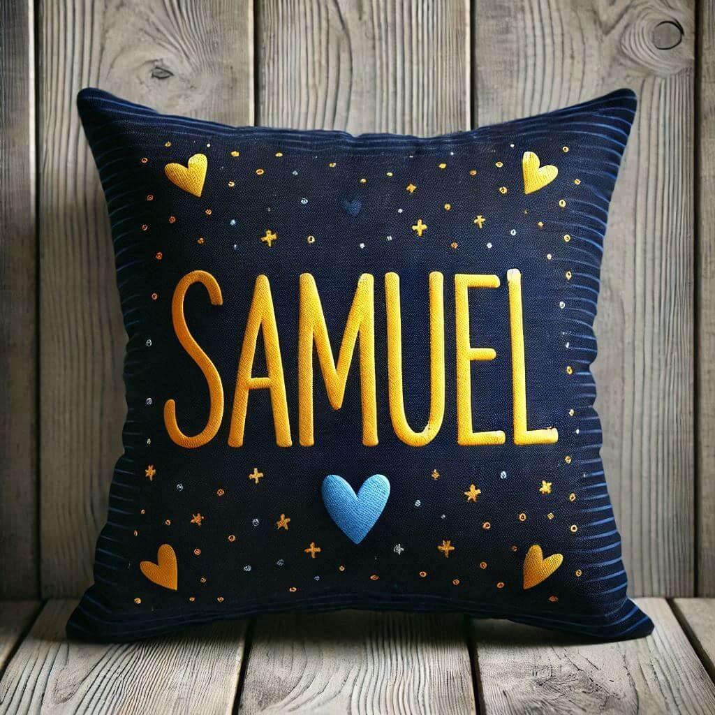 Le prenom samuel ecrit sur un coussin bleu nuit et jaune avec des coeurs 1