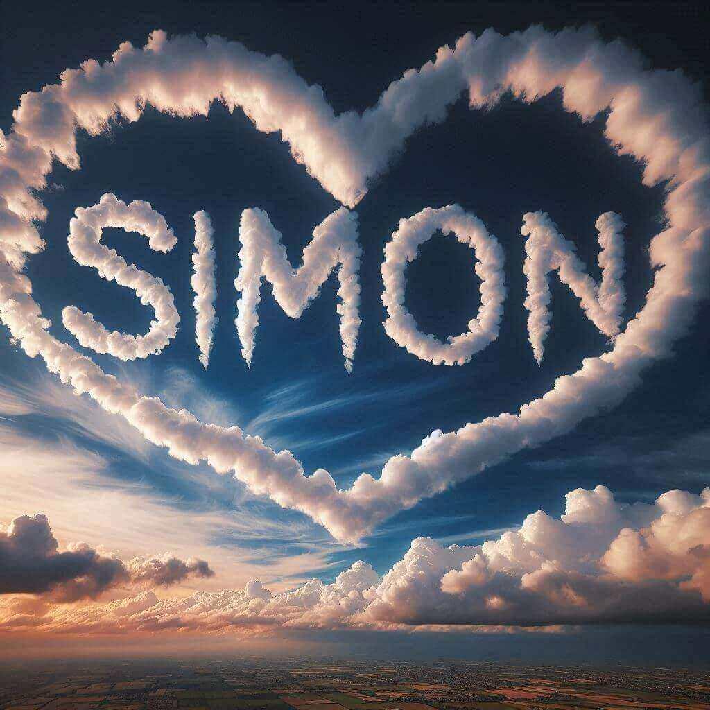 Le prenom simon ecrit avec les nuages dans le ciel dans un coeur