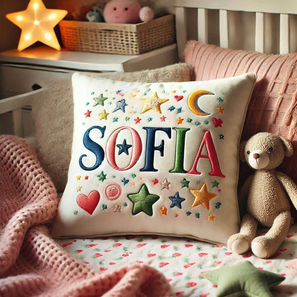 Le prenom sofia sur un coussin denfant avec des etoiles et des coeurs pose sur un lit 1