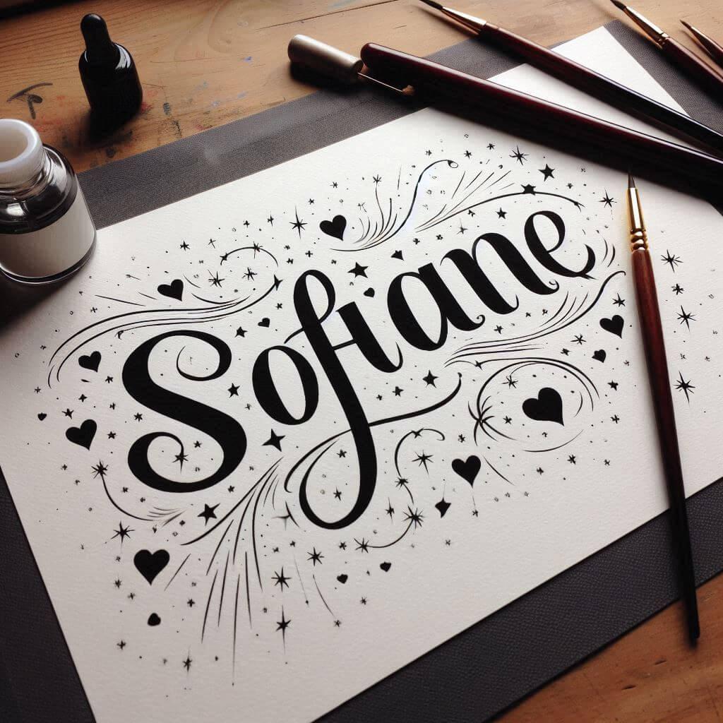 Le prenom sofiane ecrit en calligraphie sur un papier avec des coeurs dessines et des etoiles