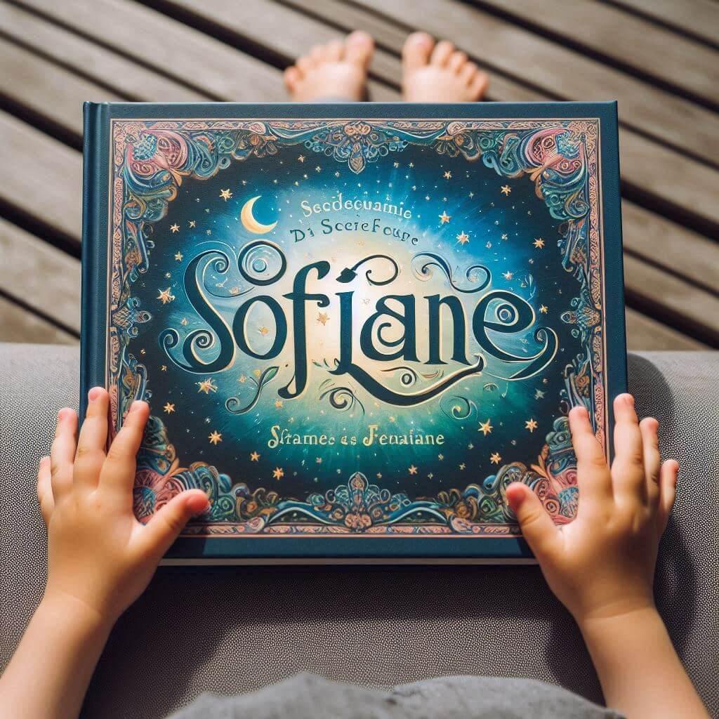 Le prenom sofiane ecrit en calligraphie sur une couverture de livre pour enfant dans les mains dun enfant