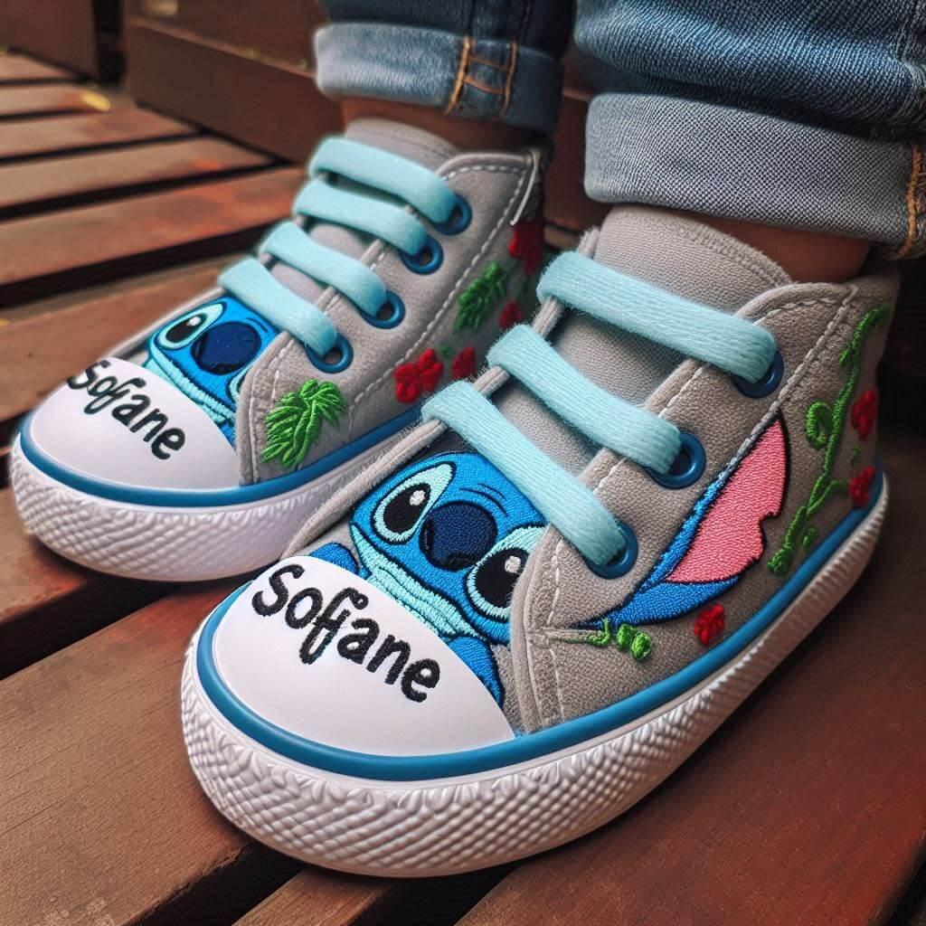 Le prenom sofiane sur des baskets d enfant porte par un garcon theme stitch