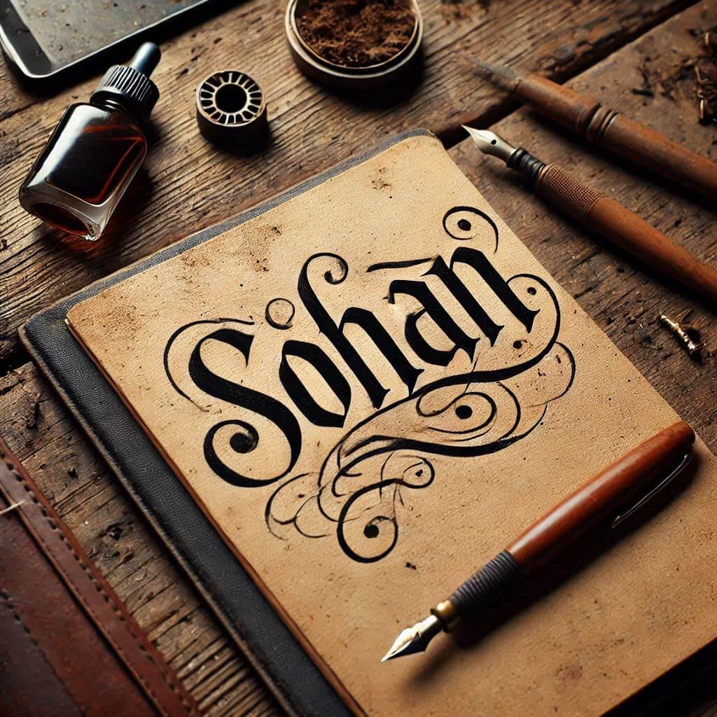 Le prenom sohan ecrit joliment en calligraphie sur un cahier ancien