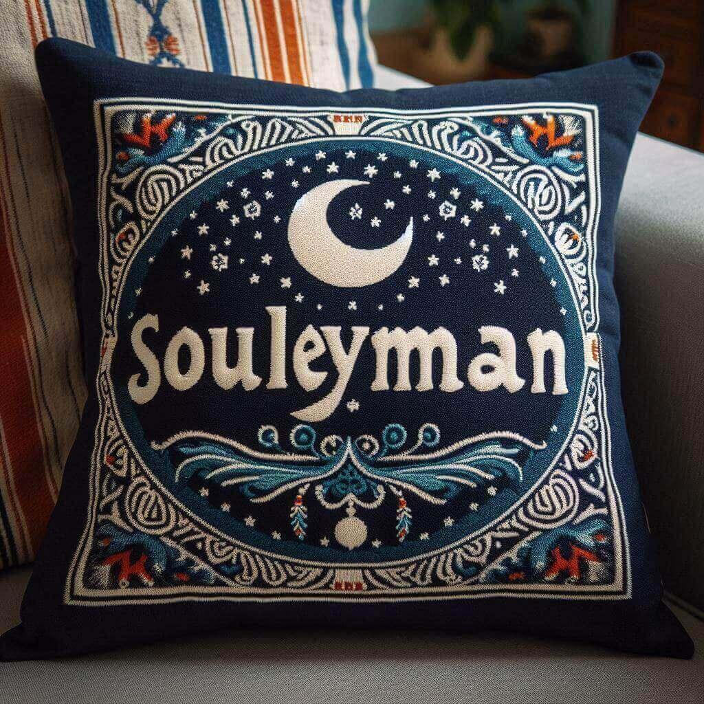 Le prenom souleyman ecrit sur un joli coussin couleur bleu marin et blanc