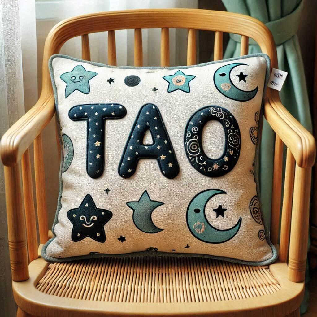 Le prenom tao sur un coussin denfant avec des etoiles et des lunes pose sur une chaise