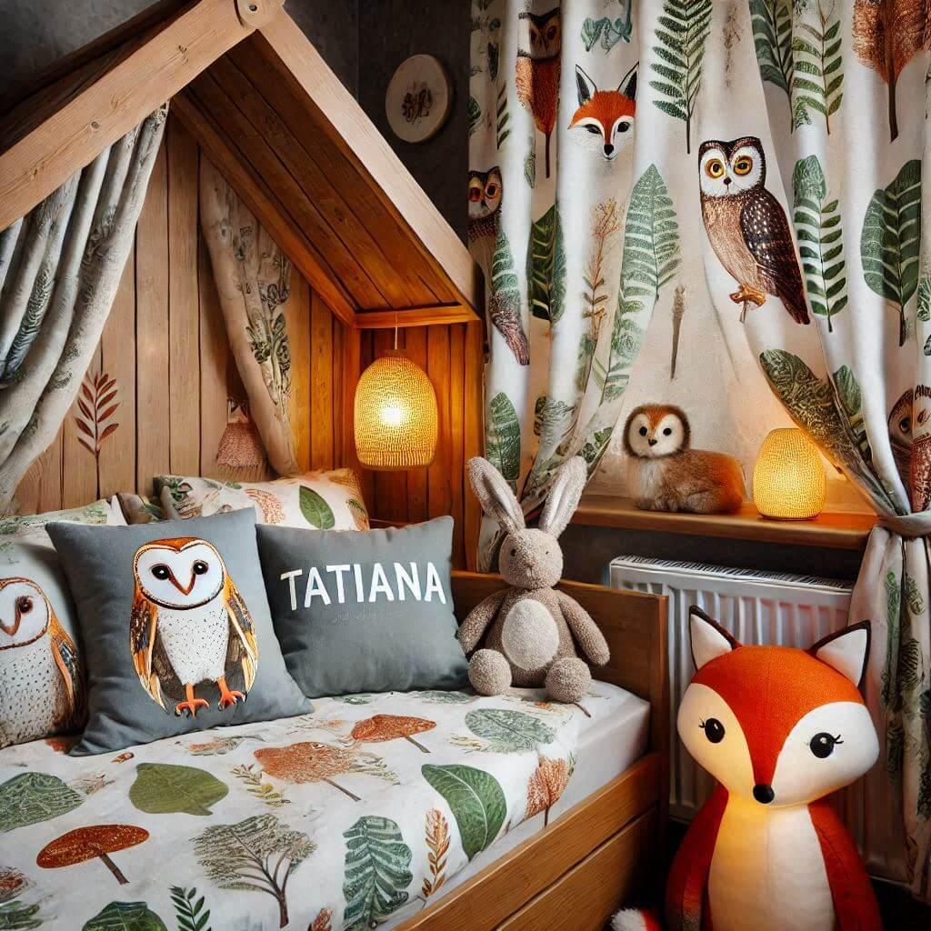 Le prenom tatiana dans une chambre d enfant avec un lit cabane sur le theme de la foret avec un coussin personnalise au nom de tatiana