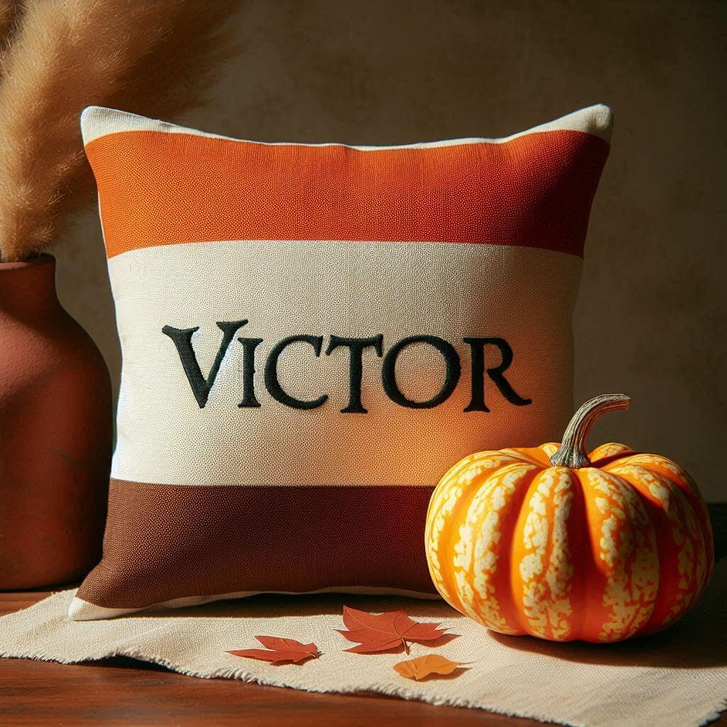 Le prenom victor sur un coussin terracota et orange et marron pose a cote de citrouille 1