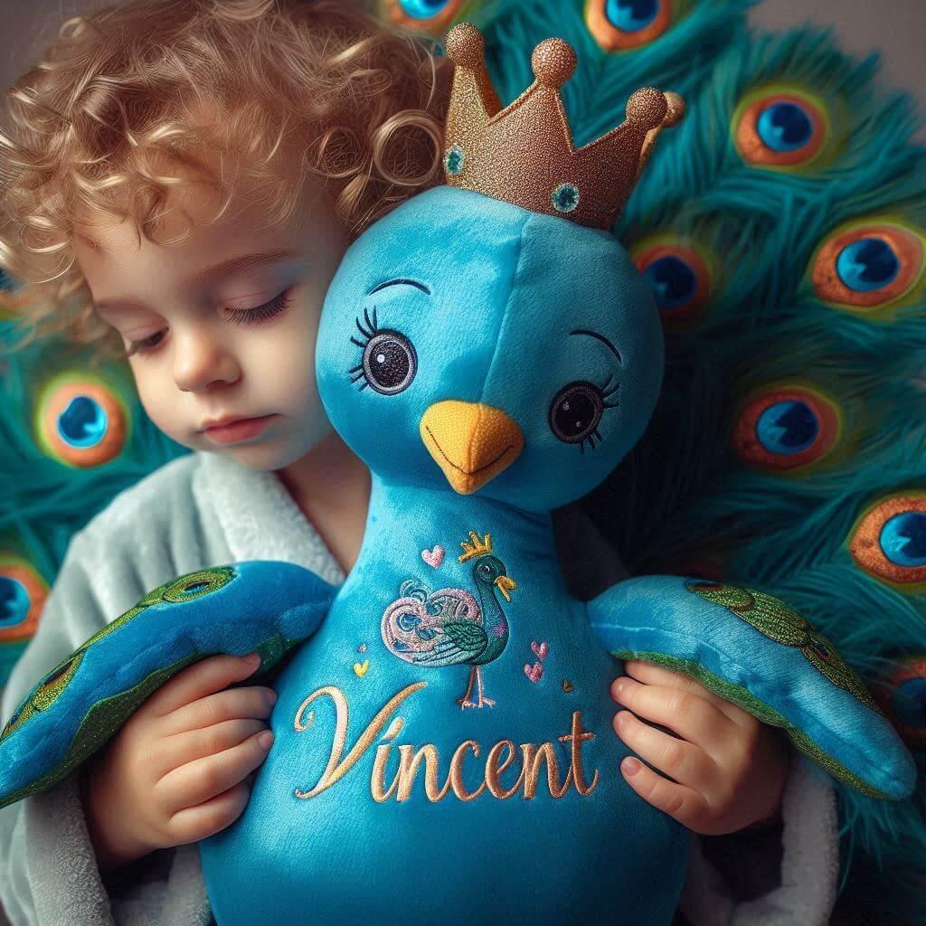 Le prenom vincent ecrit sur une peluche paon avec une couronne dans les bras dun petit garcon 1