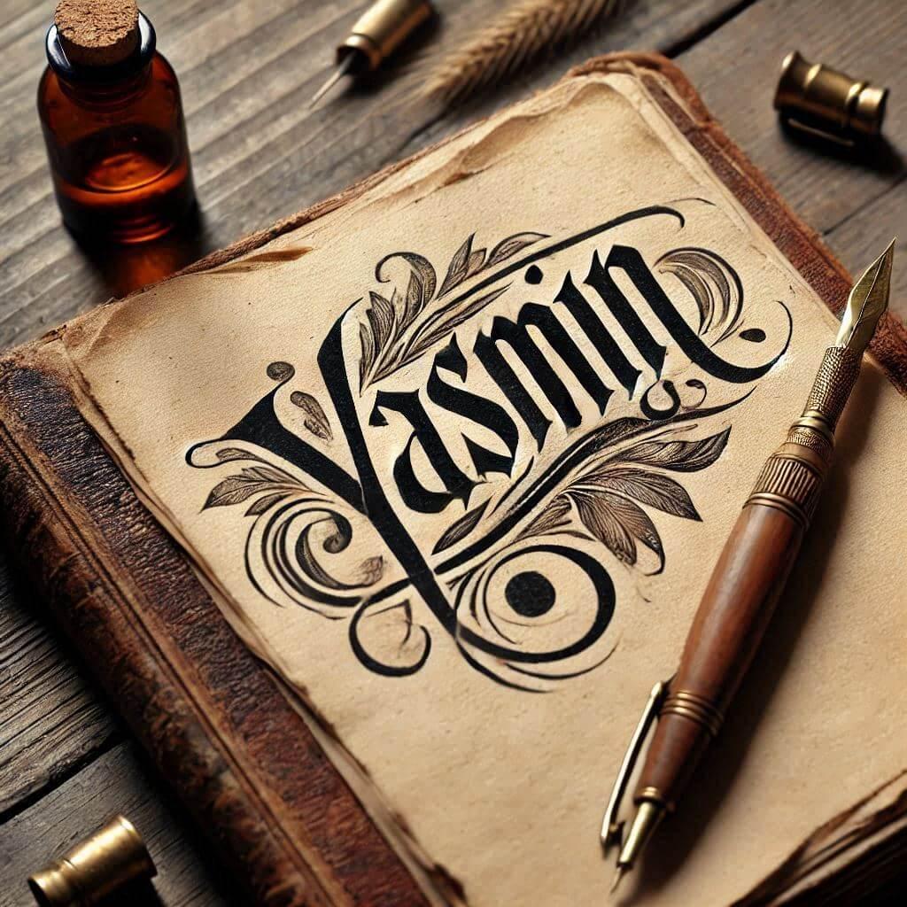 Le prenom yasmin ecrit joliment facon calligraphie sur un carnet ancien