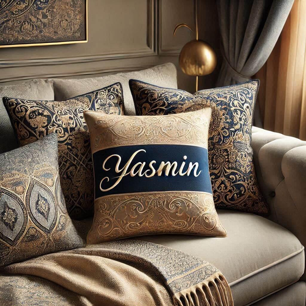 Le prénom Yasmin écrit sur un coussin doré, beige et bleu nuit, avec des motifs d'étoiles et de lunes, élégant et personnalisé.