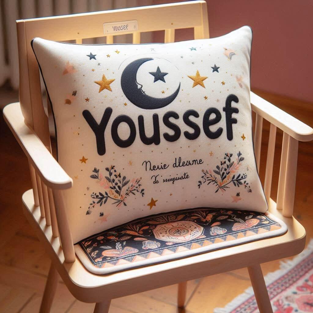 Le prenom youssef sur un coussin denfant avec des motifs etoiles pose sur une chaise