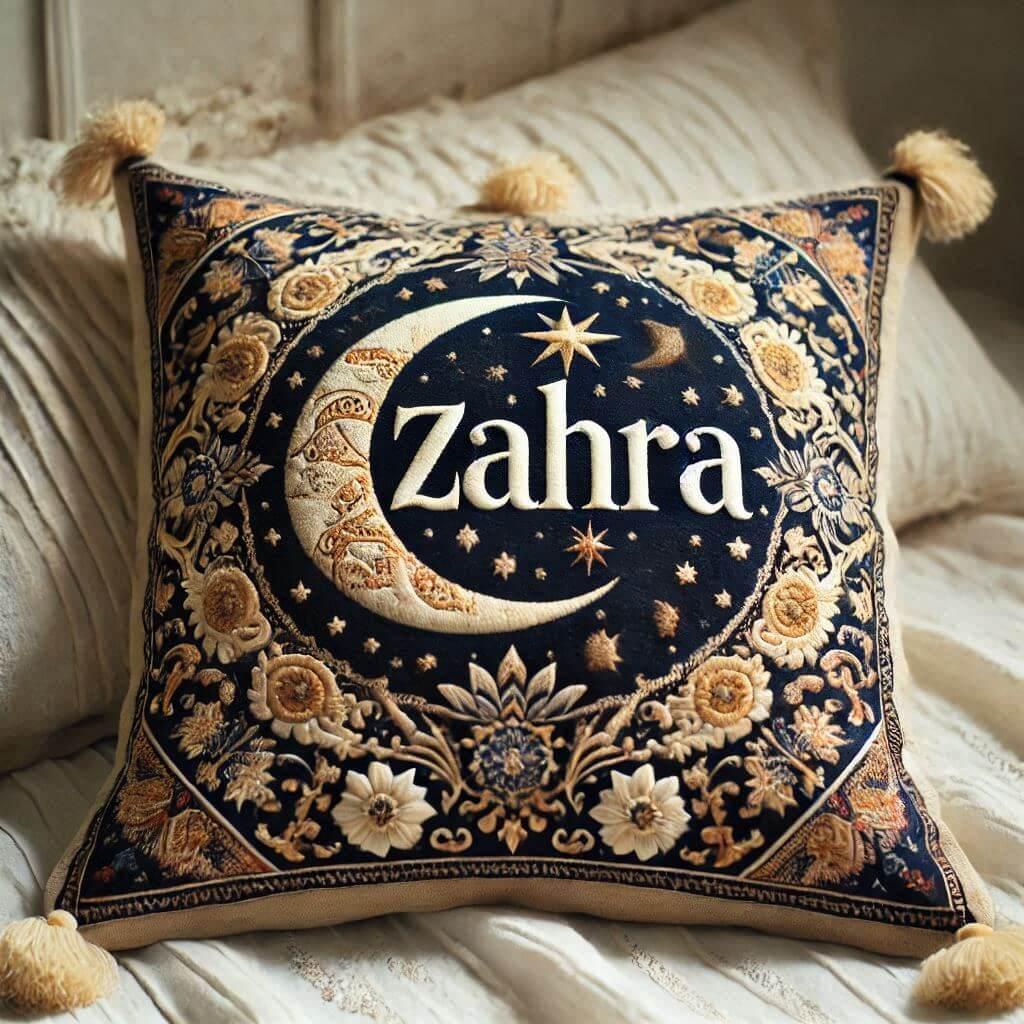 Prénom Zahra écrit sur un coussin or, beige et bleu nuit, motifs étoiles et lunes, style oriental, posé sur un lit.