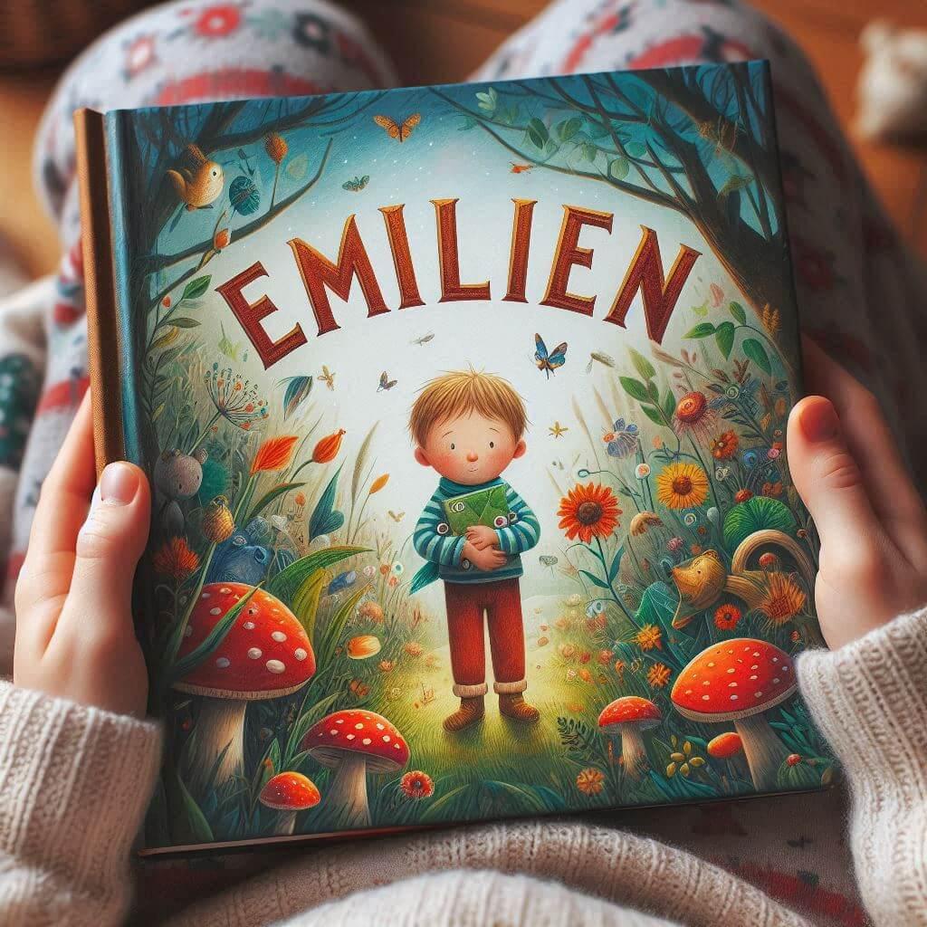 Livre pour enfant avec le prenom emilien dans les mains d un petit garcon 2