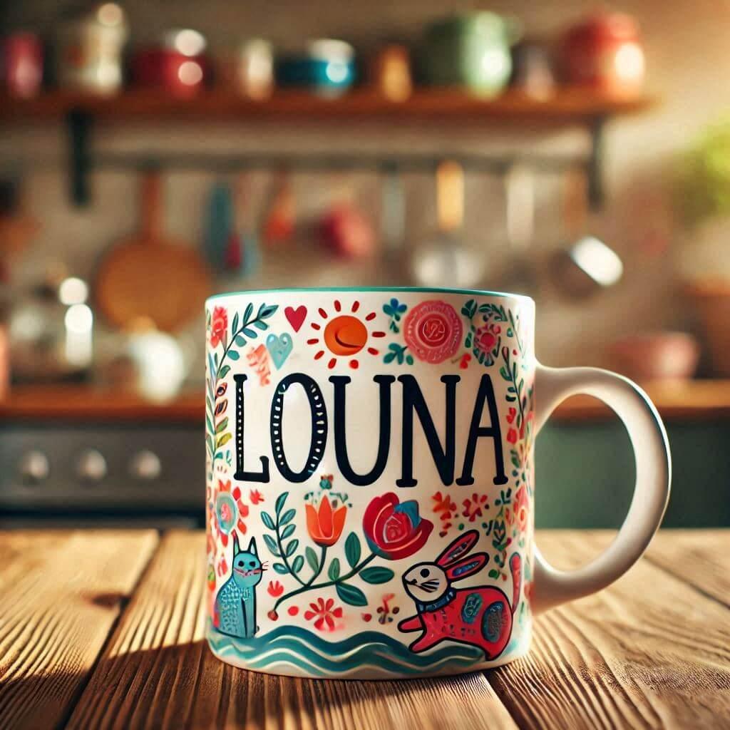 Louna written on a childs mug