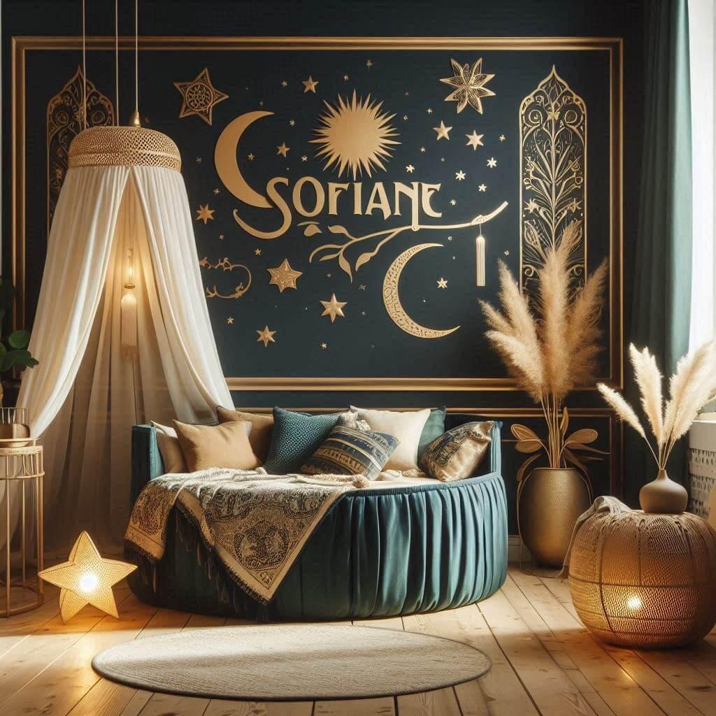 Magnifique chambre enfant oriental avec le prenom sofiane lit rond voilages nuances de bleu et de beige