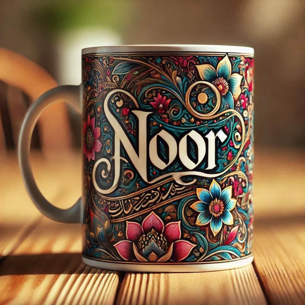 Mug pour enfant personnalisé avec le prénom Noor, décoré d'un motif fleuri. Photo professionnelle en haute qualité pour présentation produit.