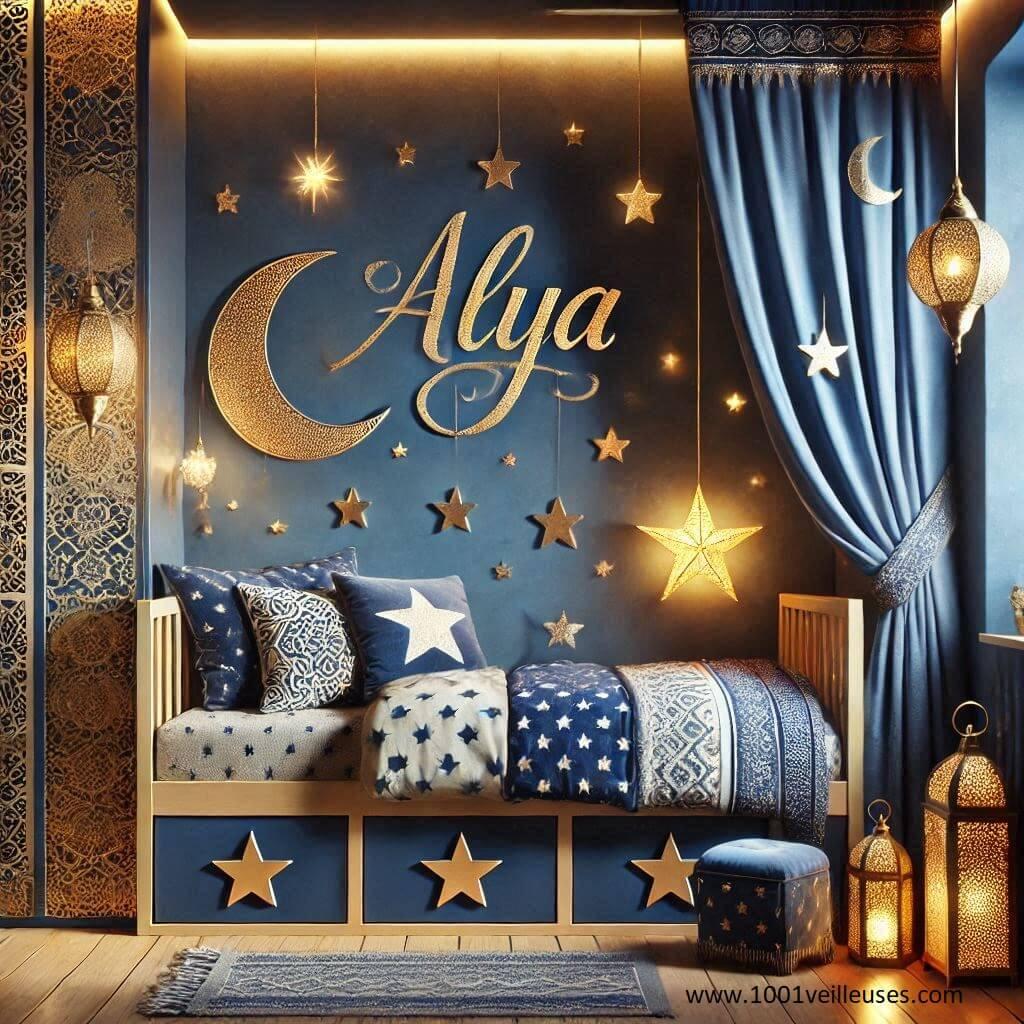 Une belle chambre de bebe fille avec le prenom Alya theme oriental étoile et lune aux couleurs bleu nuit, or