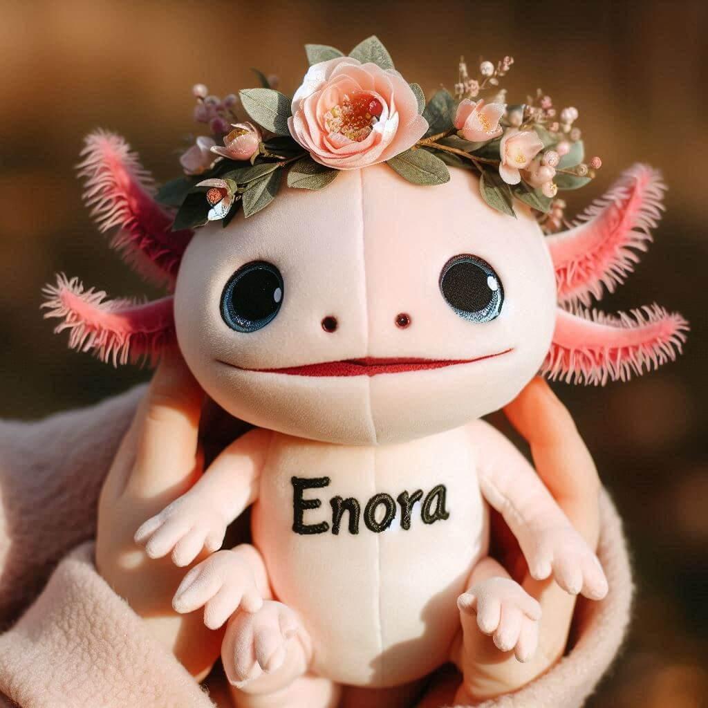 Peluche axolotl avec une couronne de fleurs personnalisee avec le prenom enora dans les mains dun enfant 1