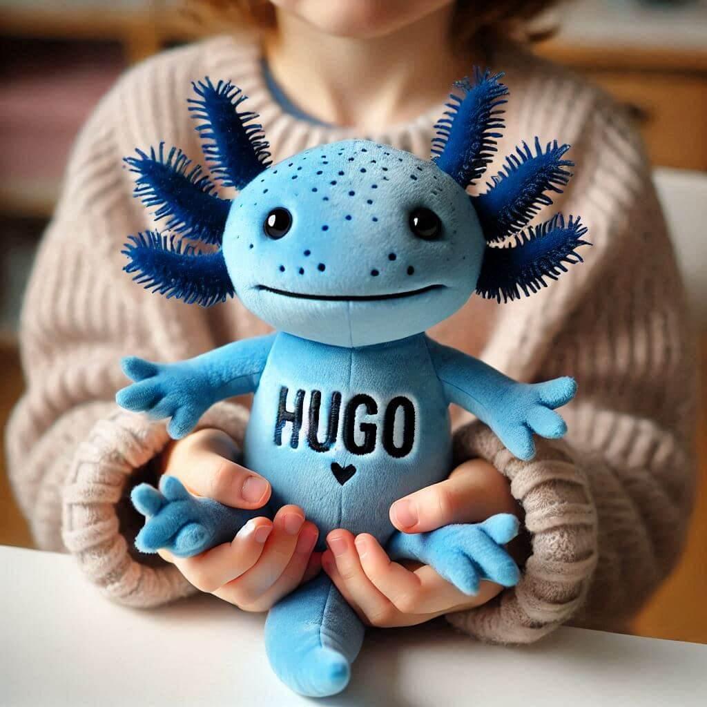 Peluche axolotl bleu turquoiqe personnalise avec le prenom hugo dans les mains d un enfant