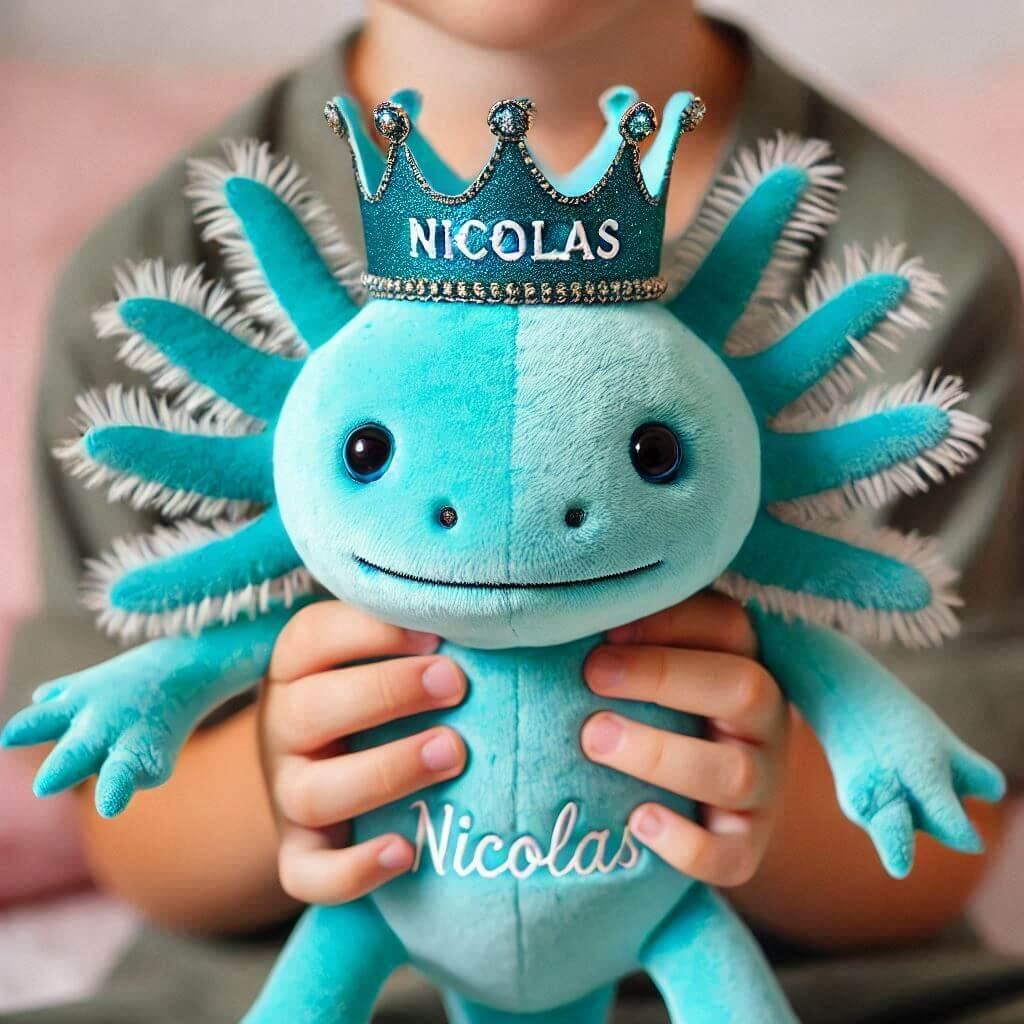 Peluche axolotl bleu turquoise avec une couronne sur la tete personnalisee avec le prenom nicolas dans les mains dun enfant 1