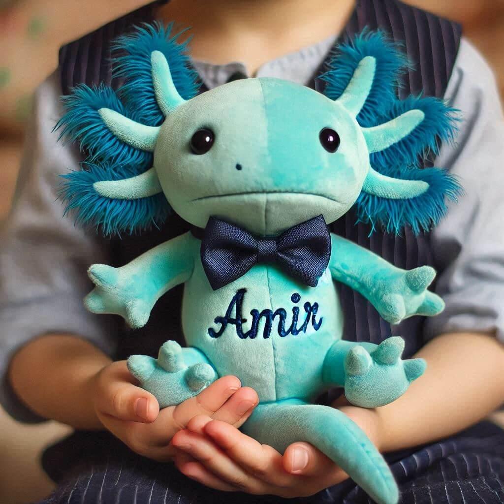 Peluche axolotl bleu turquoise personnalise avec le prenom amir dans les mains d un petit garcon