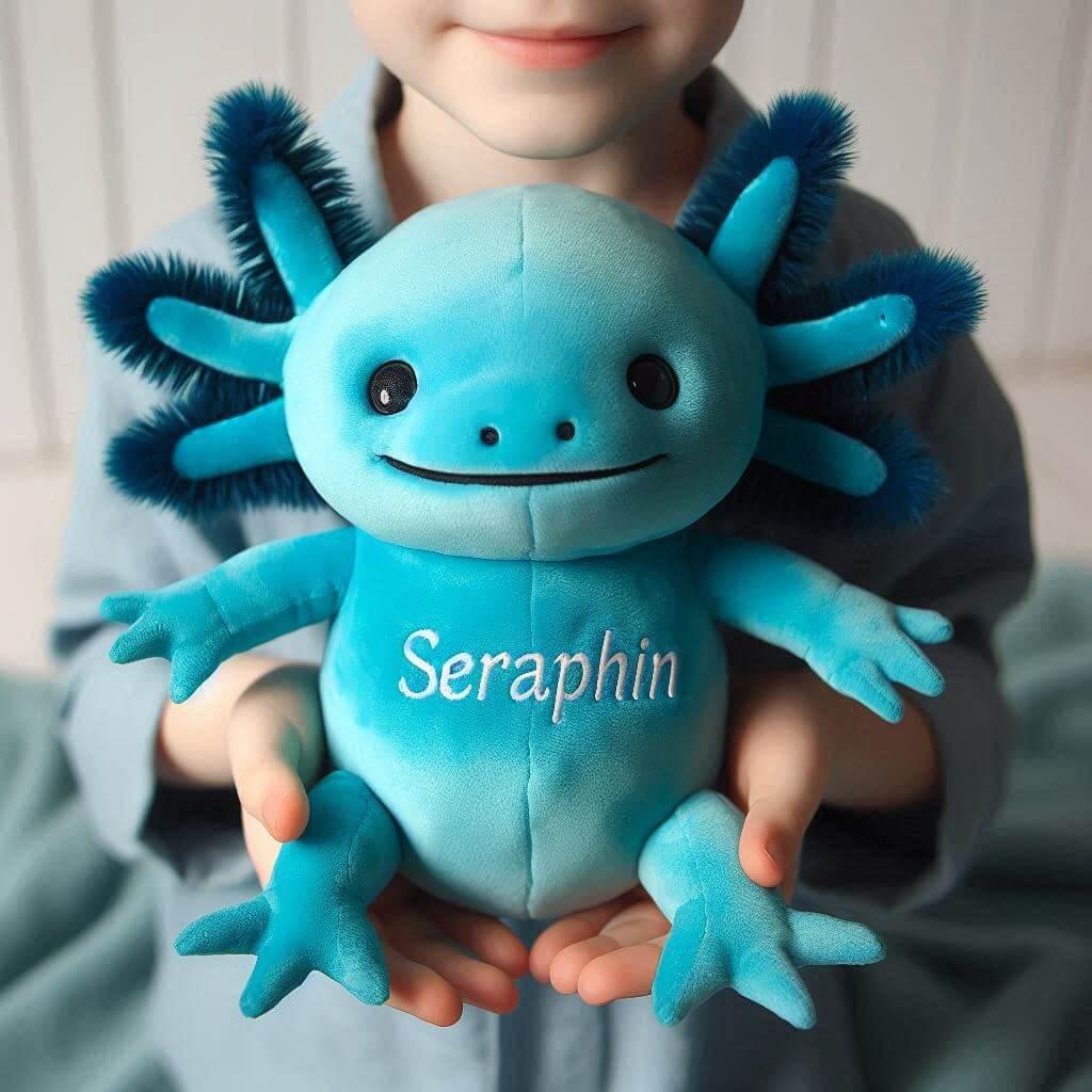 Peluche axolotl bleu turquoise personnalisee avec le prenom seraphin dans les mains dun petit garcon