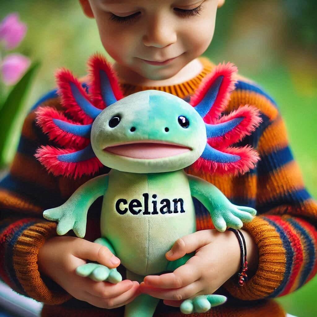 Peluche axolotl personnalisee avec le prenom celian