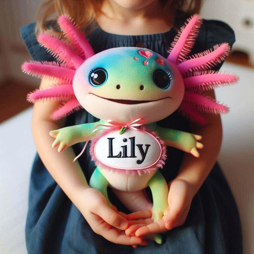 Peluche axolotl personnalisee avec le prenom lily dans les mains dune petite fille couleurs vives 1 1