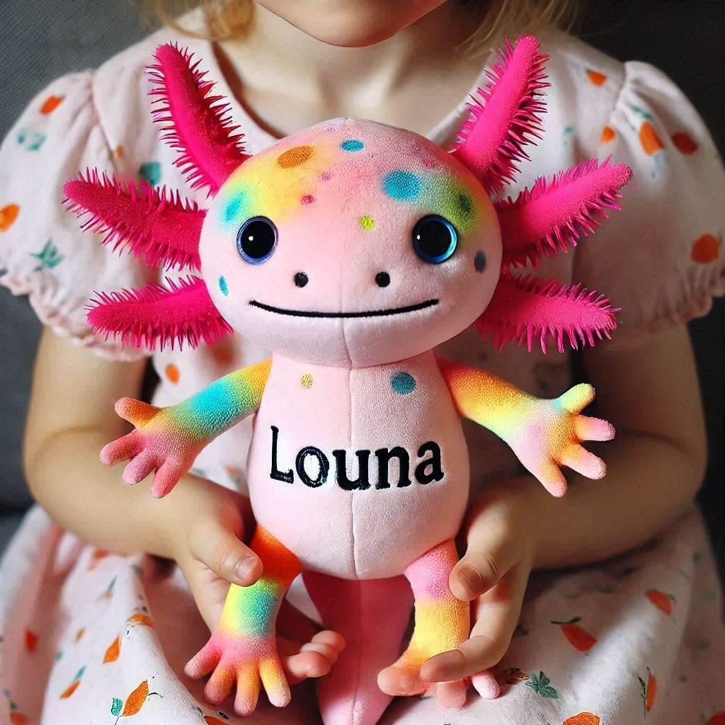 Peluche axolotl personnalisee avec le prenom louna dans les mains dune petite fille couleurs vives 1