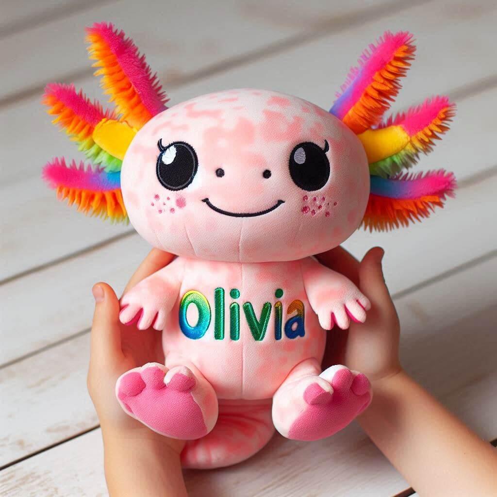 Peluche axolotl personnalisee avec le prenom olivia dans les mains dune petite fille couleurs vives