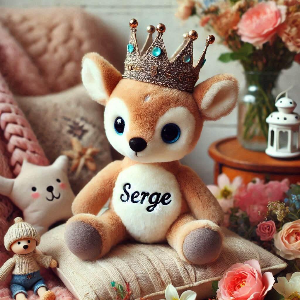 Peluche cerf avec une couronne avec le prenom serge