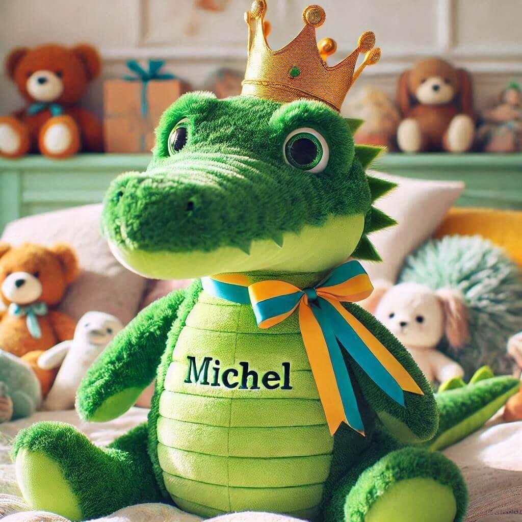 Peluche crocodile avec une couronne avec le prenom michel dessus 1