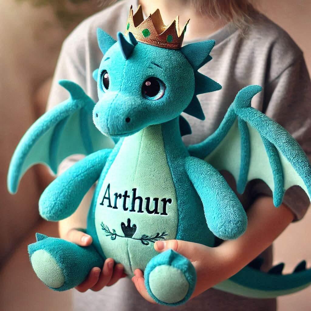 peluche dragon bleu, prenom arthur