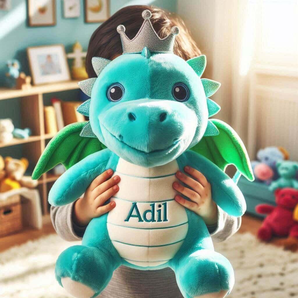 Peluche dragon turquoise avec une couronne sur la tete personnalise avec le prenom adil dans les mains dun enfant