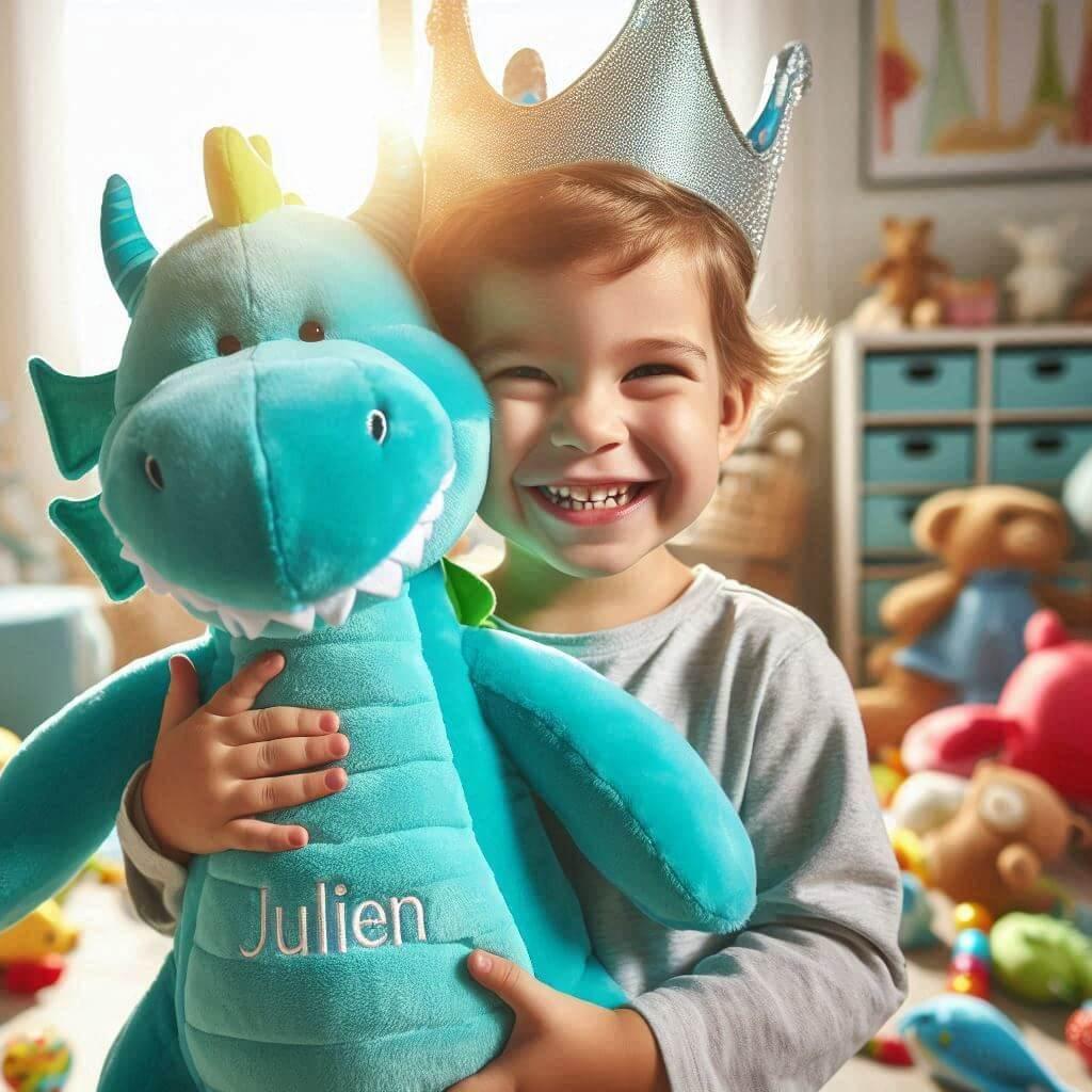 Peluche dragon turquoise avec une couronne sur la tete personnalise avec le prenom julien dans les mains dun enfant 1