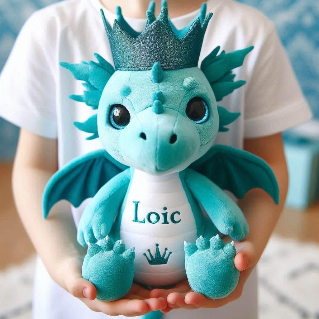 Peluche dragon turquoise avec une couronne sur la tete personnalisee avec le prenom loic dans les mains dun enfant 1