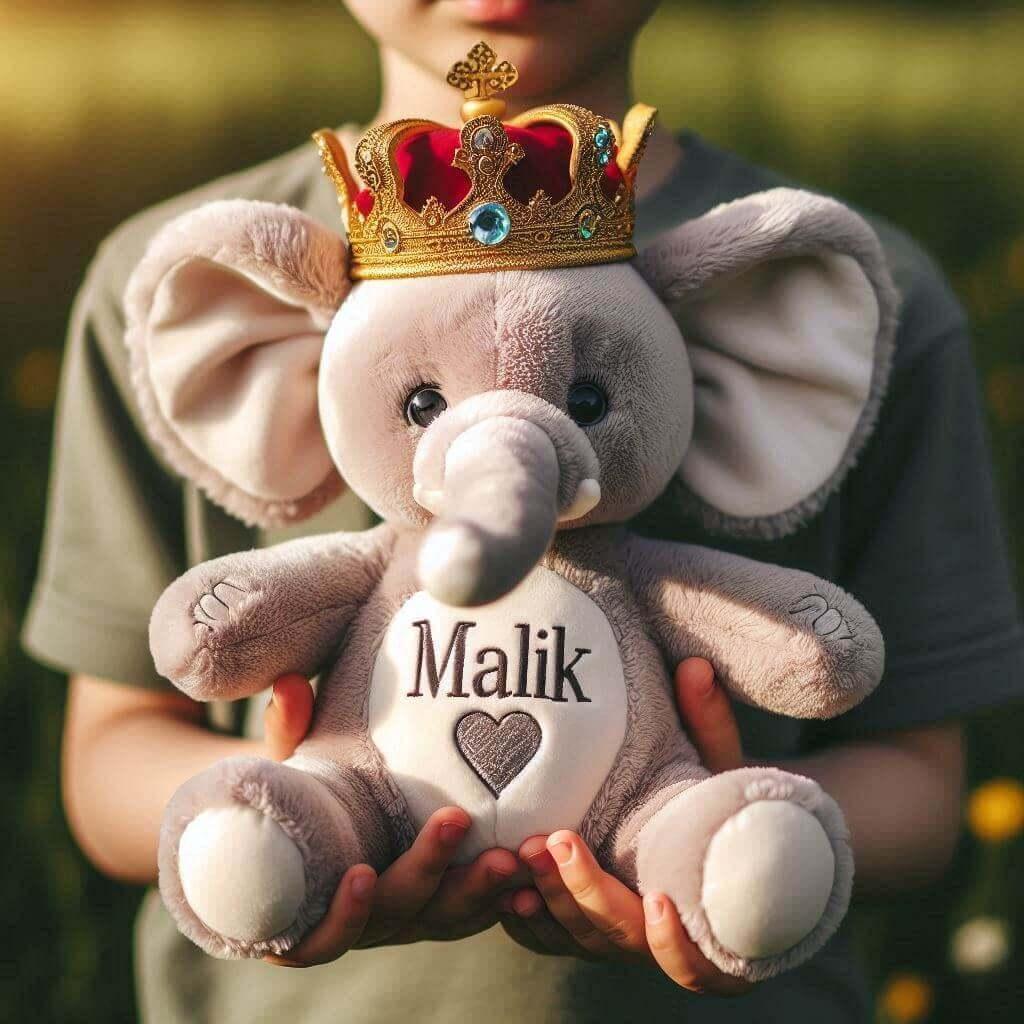 Peluche elephant avec une couronne personnalise avec le prenom malik dans les mains dun enfant 1