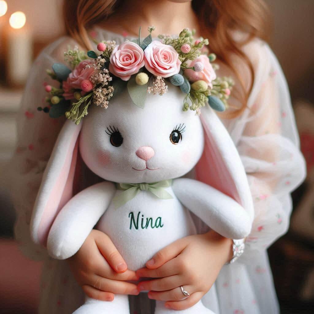 Peluche lapin avec une couronne de fleurs personnalise avec le prenom nina dans les mains dune petite fille 1 1