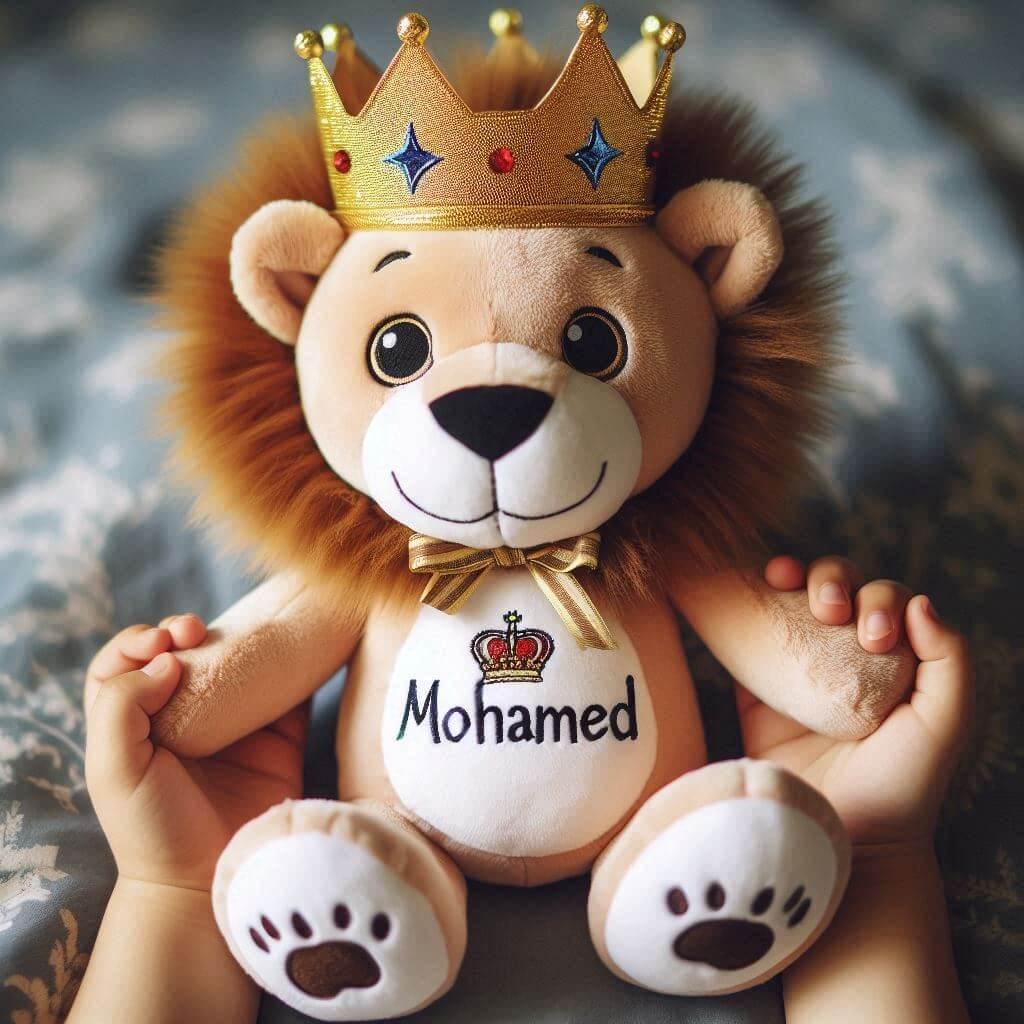 Peluche lion avec une couronne personnalise avec le prenom mohamed ecrit en francais dans les mains dun petit garcon 1