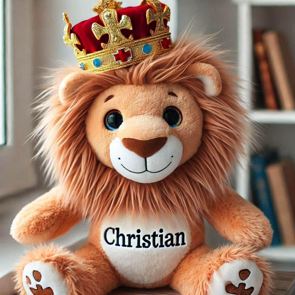 Peluche lion avec une couronne personnalisee avec le prenom christian