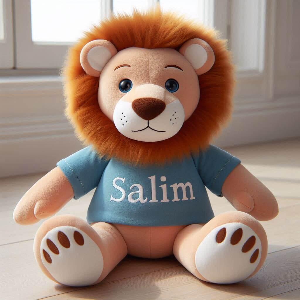 Peluche lion personnalisee avec le prenom salim dans les mains dun petit garcon couleurs vives