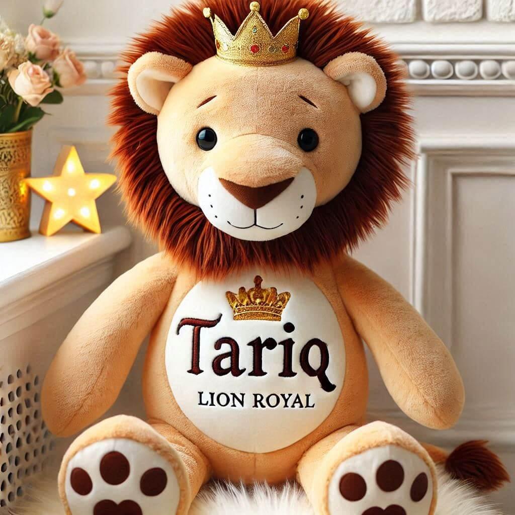 Peluche lion royal personnalisee avec le prenom tariq dans les mains dun petit garcon couleurs vives