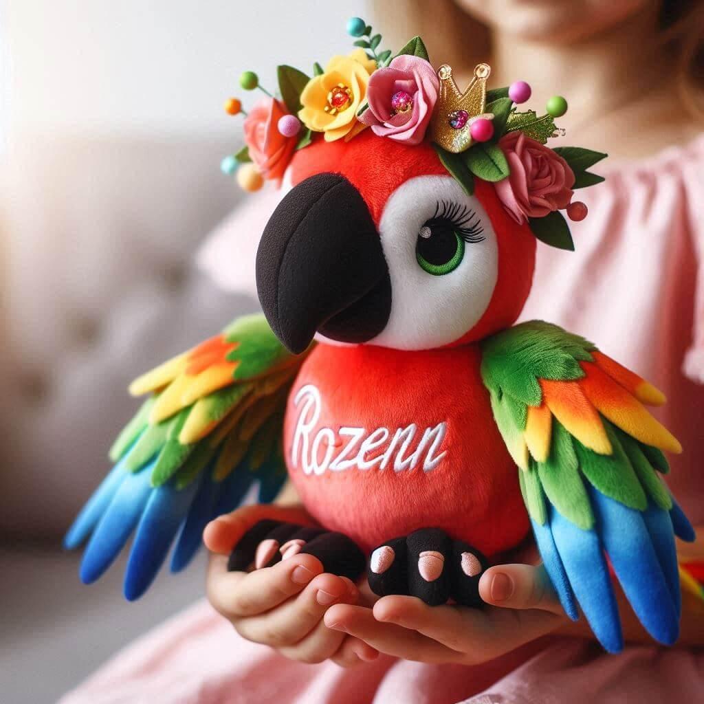 Peluche perroquet avec une couronne de fleurs personnalise avec le prenom rozenn dans les mains dun enfant 1