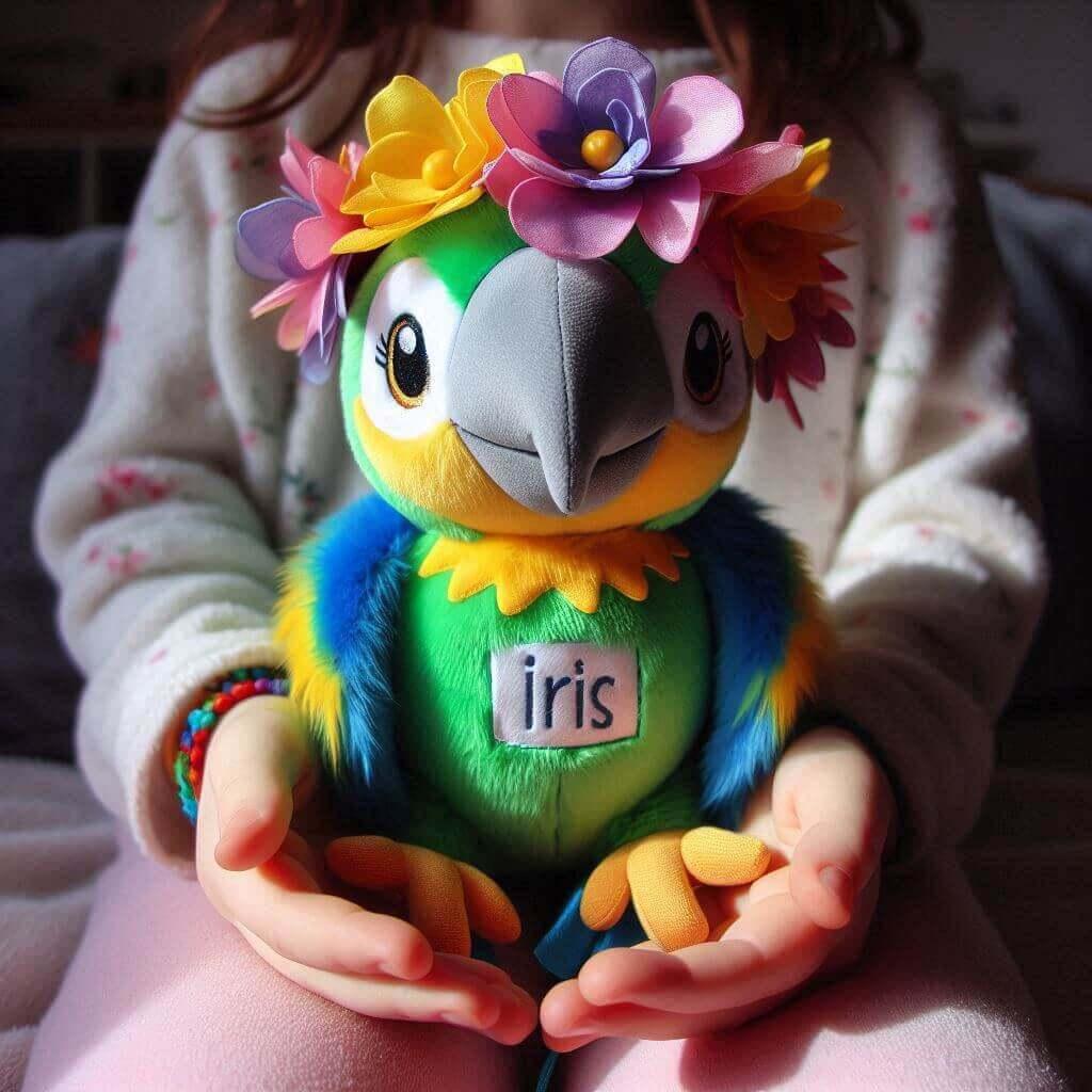 Peluche perroquet emouvant avec une couronne de fleurs personnalise avec le prenom iris