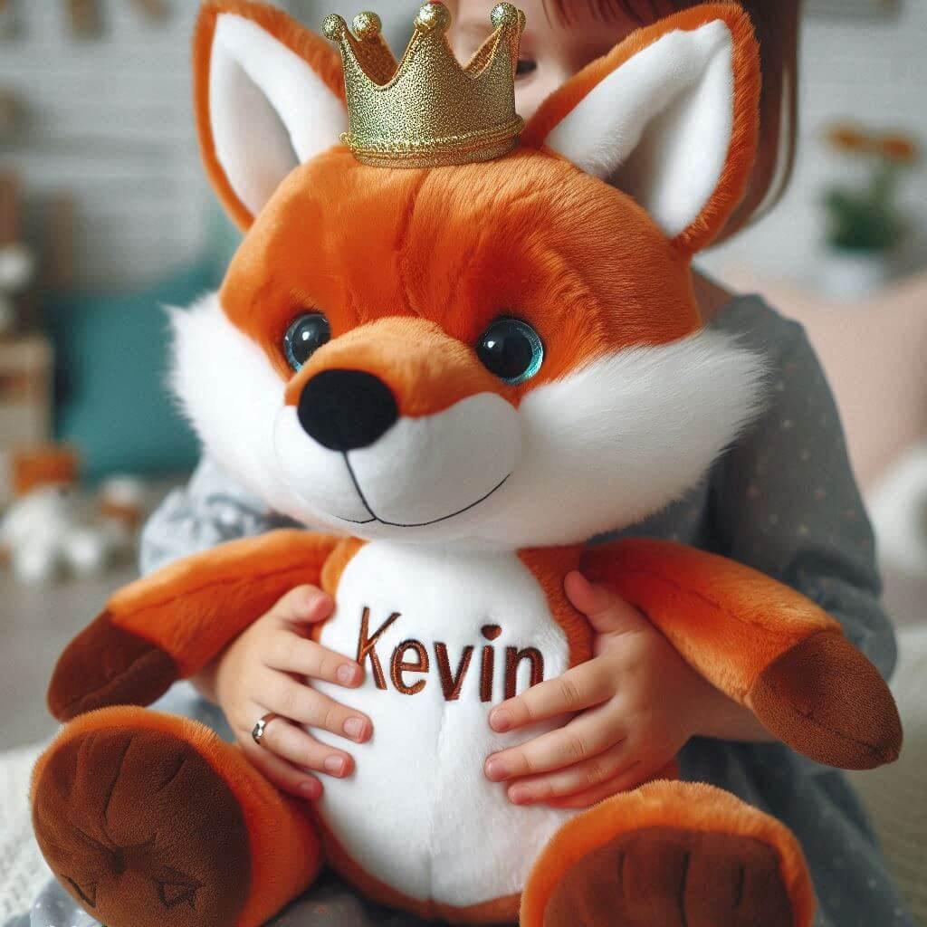 Peluche renard avec une couronne de roi sur la tete avec le prenom kevin dans les mains d un petit garcon 1