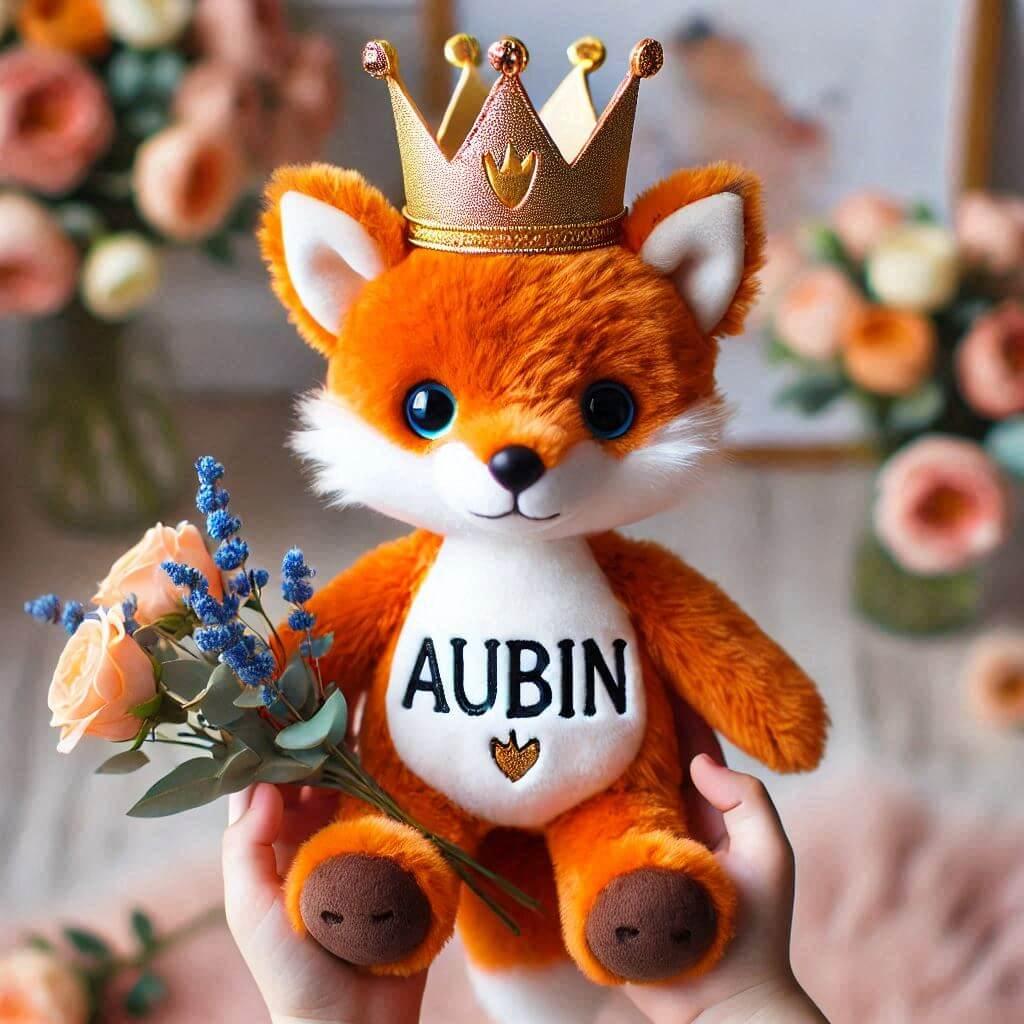 Peluche renard avec une couronne personnalise avec le prenom aubin dans les mains dun enfant couleurs vives