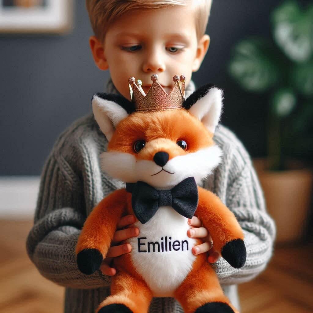 Peluche renard pour enfant avec une couronne avec le prenom emilien dans les mains d un petit garcon 1